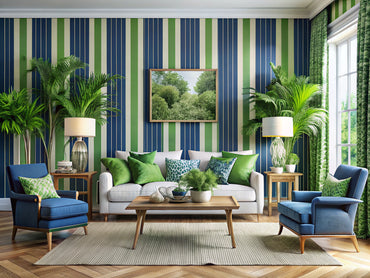 A modern living room featuring Verdant Oasis wallpaper with lush green foliage and Marine Stripes wallpaper in nautical blue and white, showcasing the latest home decor trends.
