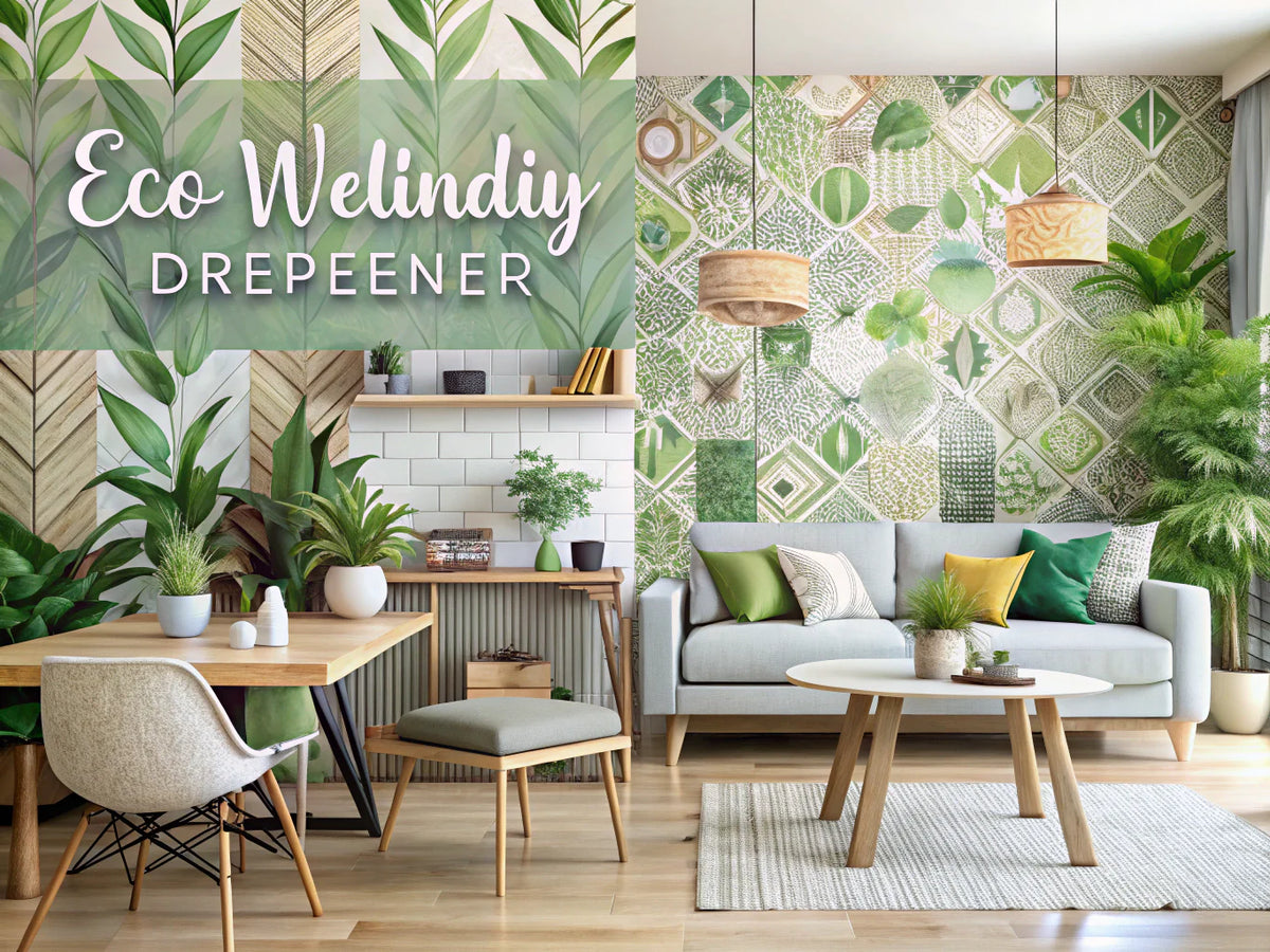 A stylish interior showcasing eco-friendly wallpaper designs with geometric and nature-inspired motifs, emphasizing sustainable living and modern home decor.