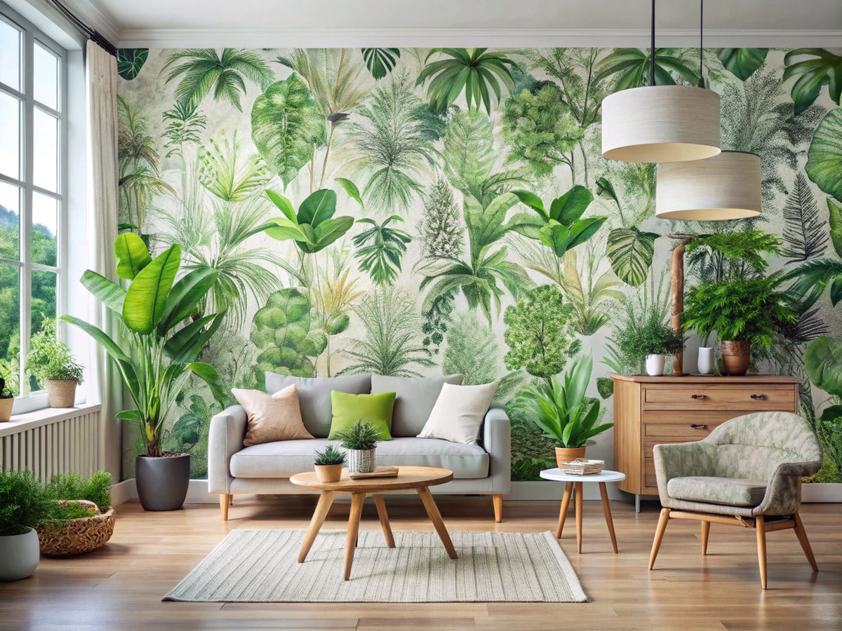 Eco-friendly wallpaper designs in a serene interior, showcasing nature-inspired patterns and a sustainable atmosphere.