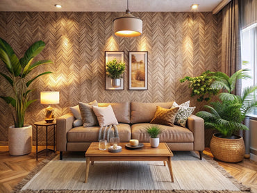 A cozy room featuring textured wallpaper that adds depth and warmth, with soft lighting and inviting decor elements.