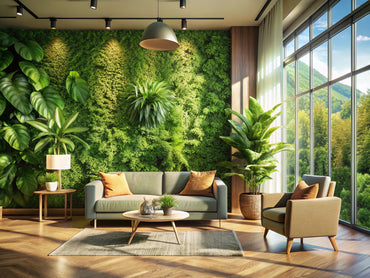Modern living room with green botanical wallpaper made from sustainable fibers and potted plants, eco-friendly wallpaper design highlighting sustainable wallpaper 2025