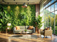 Modern living room with green botanical wallpaper made from sustainable fibers and potted plants, eco-friendly wallpaper design highlighting sustainable wallpaper 2025
