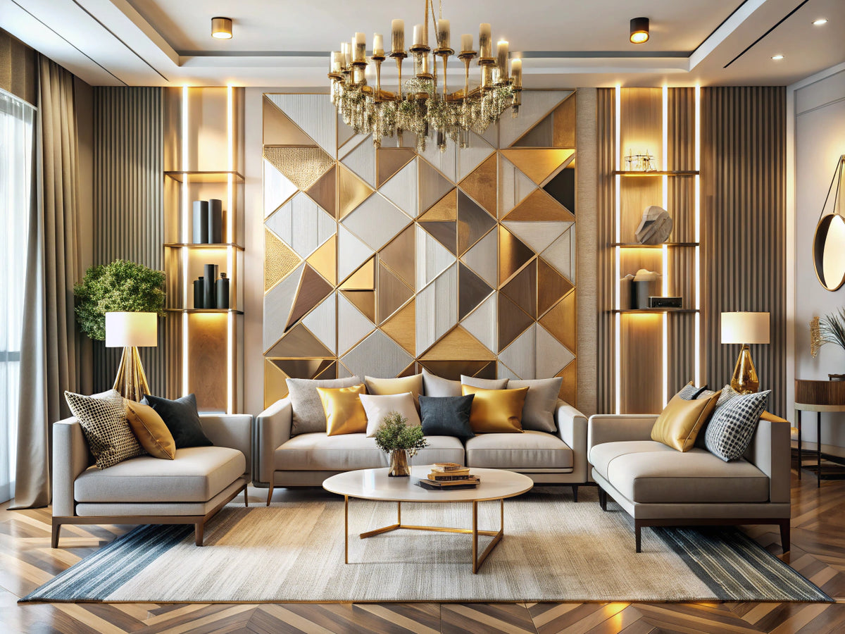 Modern interior design featuring golden geometric patterns and contemporary art elements, ideal for showcasing elegance in modern interiors.