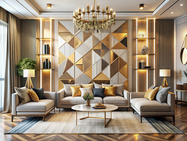 Modern interior design featuring golden geometric patterns and contemporary art elements, ideal for showcasing elegance in modern interiors.
