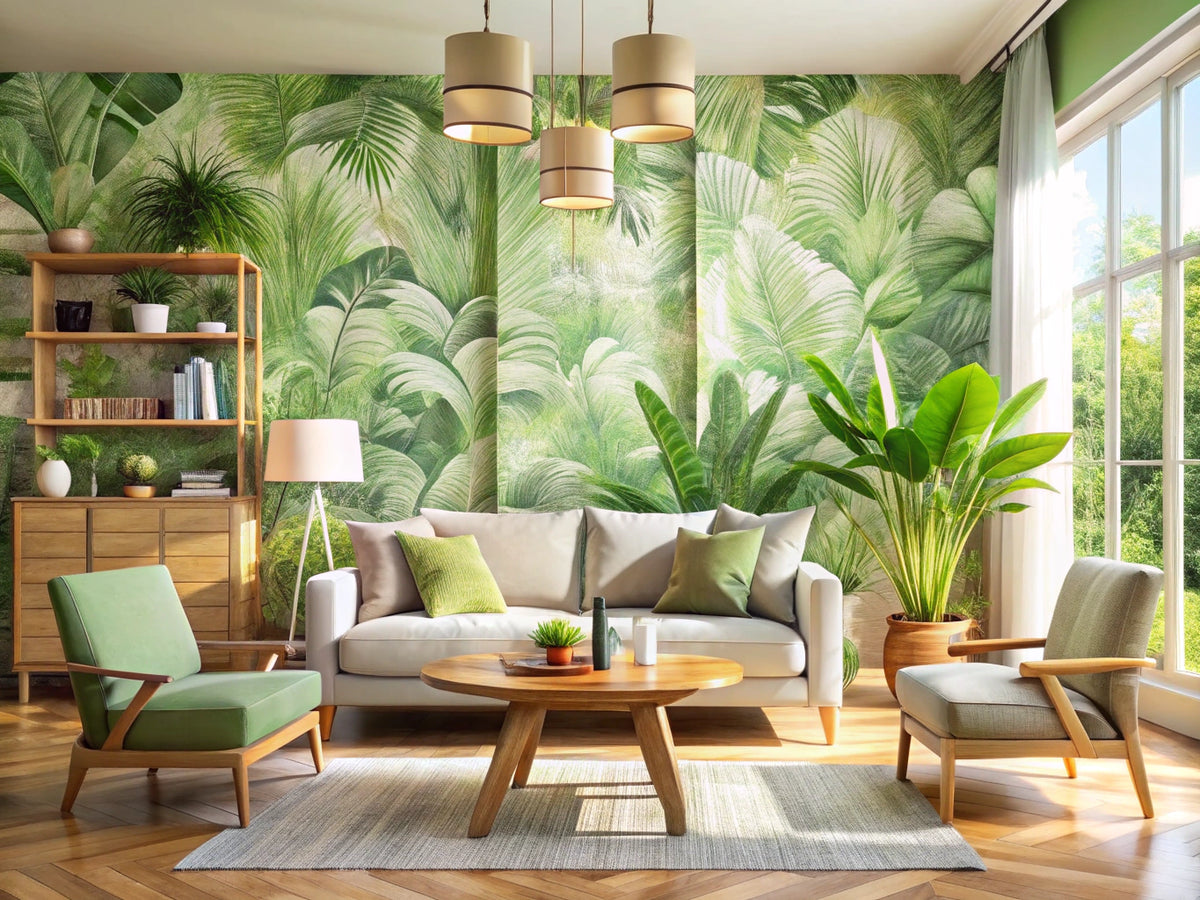 Modern living room with eco-friendly botanical wallpaper, natural wood furniture, and indoor plants in soft green tones.