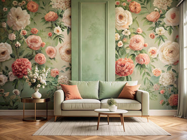 Split living room wall with coral ivory sage floral wallpaper on one side and blank wall for custom design, modern sofa in soft natural light