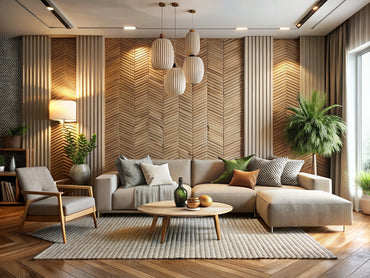 modern living room featuring a warm neutral textured accent wall
