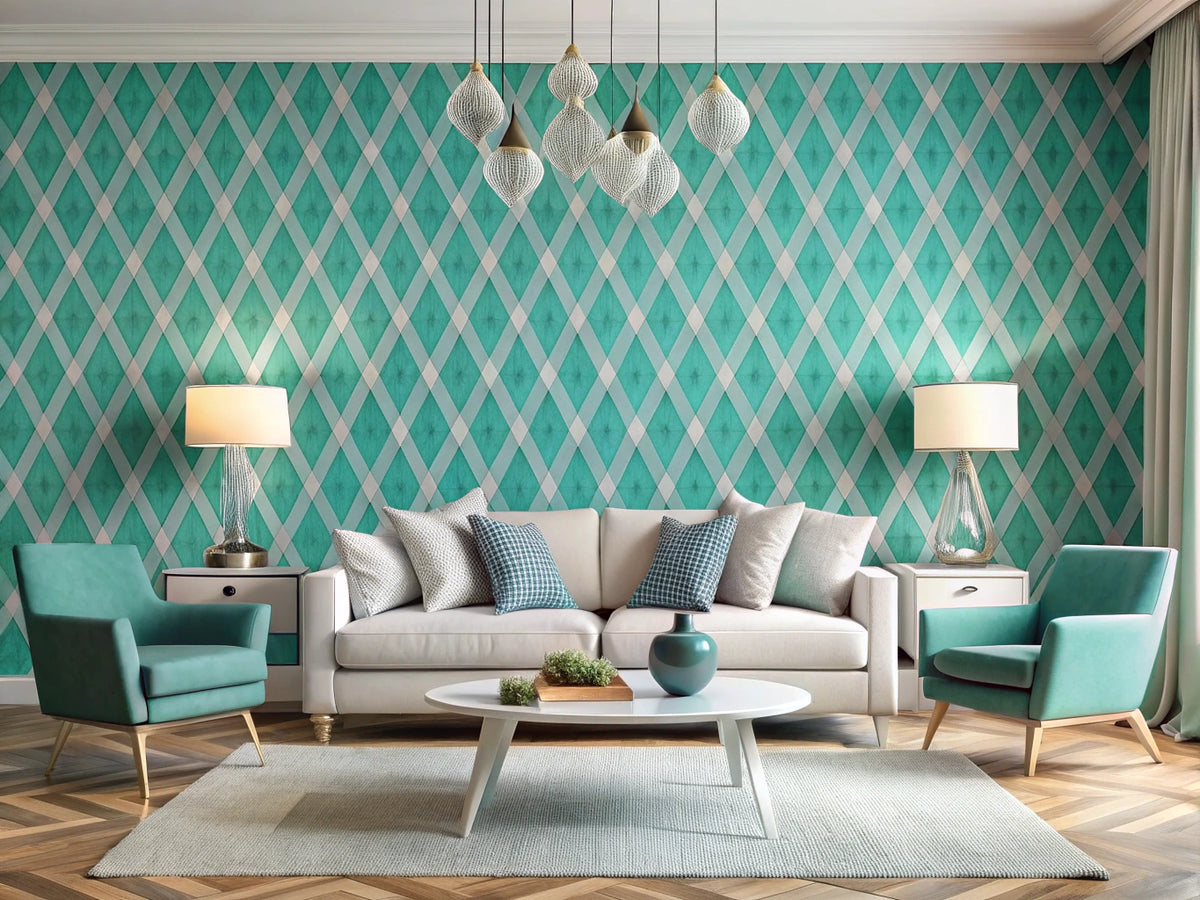 Modern living room showcasing geometric wallpapers with vibrant teal diamond and sophisticated white and silver patterns, highlighting contemporary decor.