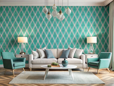 Modern living room showcasing geometric wallpapers with vibrant teal diamond and sophisticated white and silver patterns, highlighting contemporary decor.