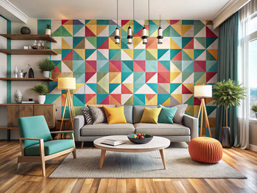 Modern living room with bold geometric wallpaper patterns showcasing contemporary design elements.
