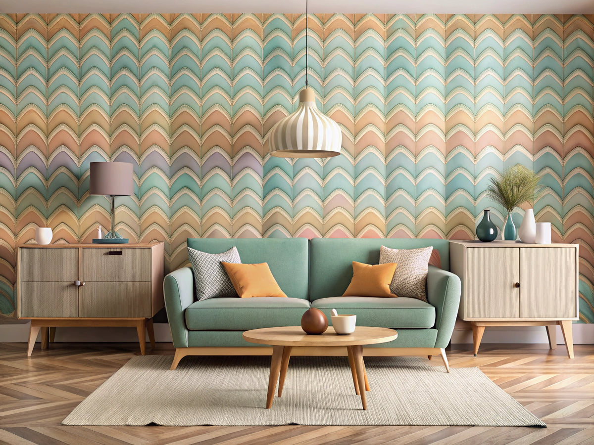 Vintage home interior with adjacent walls featuring Retro Wave Harmony pastel wave wallpaper and Retro Cascade geometric wallpaper, mid-century modern furniture.