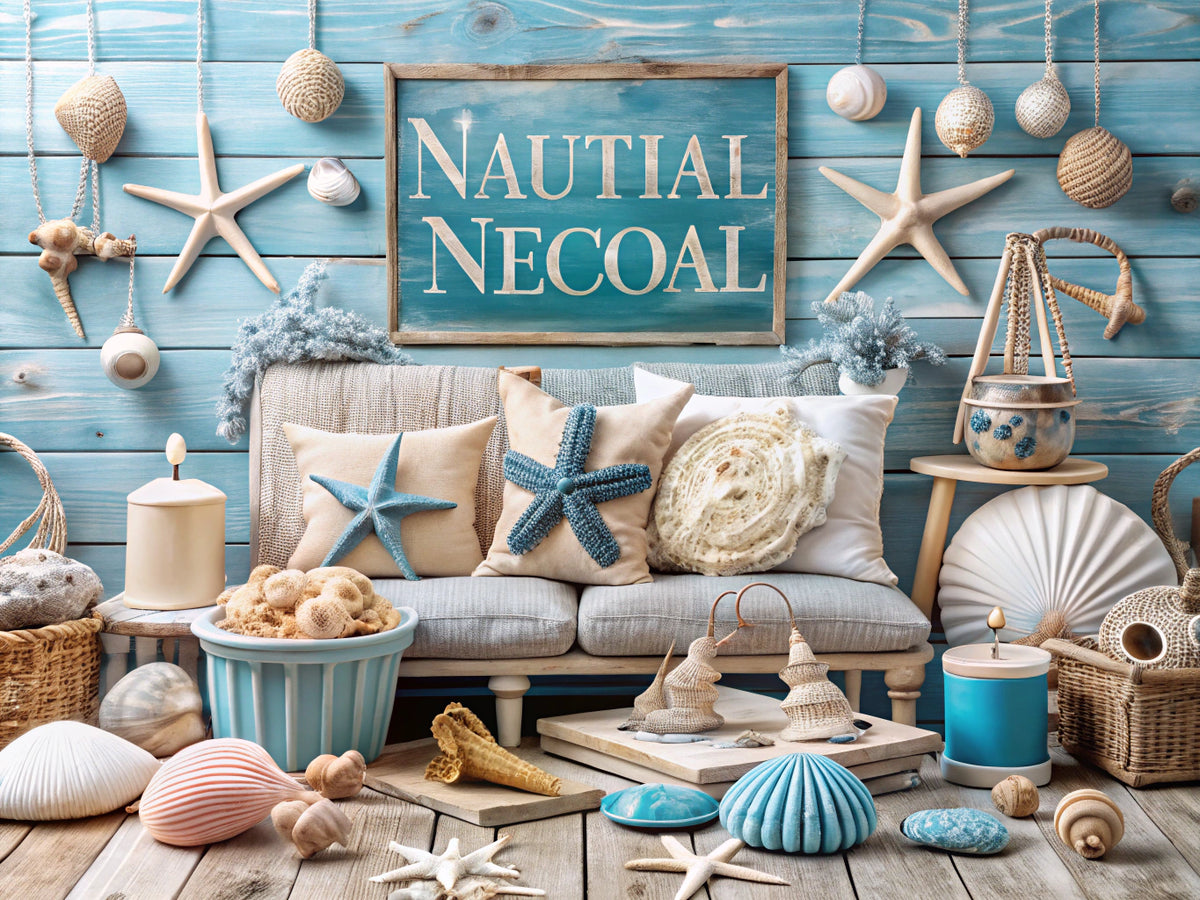 A serene coastal scene showcasing nautical home decor elements like seashells and driftwood, reflecting a harmonious blend of coastal and nautical styles.