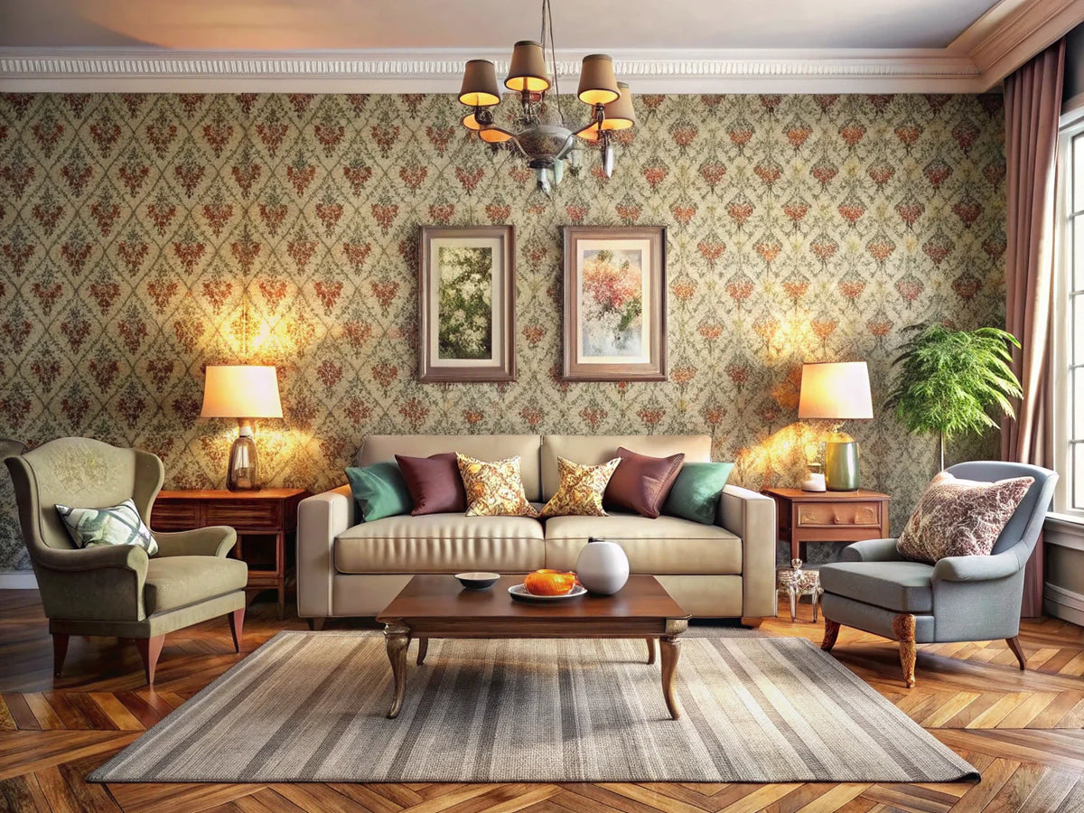 A cozy interior featuring a variety of textured wallpapers that add depth and dimension to the walls.