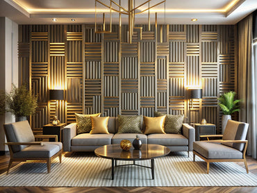 Modern interior design featuring golden geometric maze wallpaper, showcasing the elegance of geometric patterns in contemporary spaces.