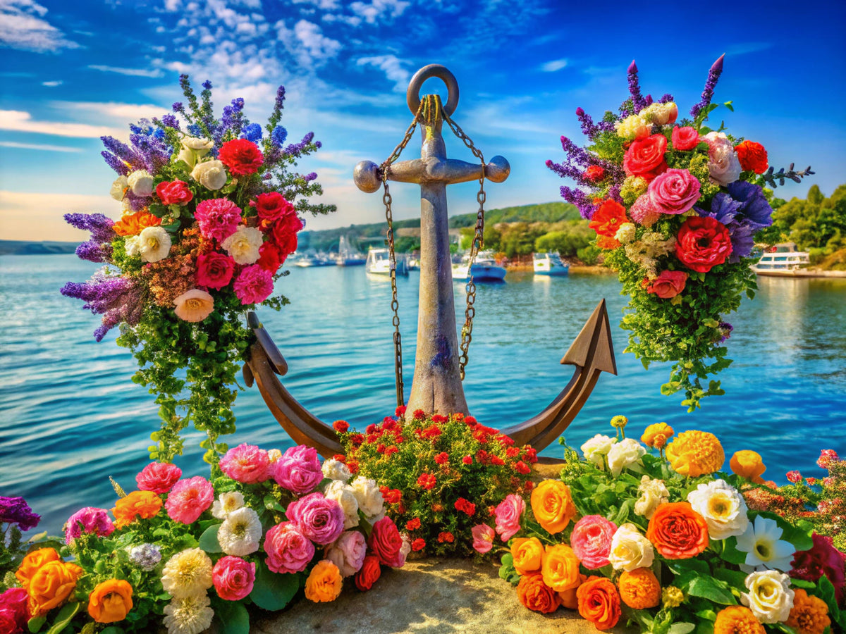 Nautical sophistication meets vibrant floral designs in a serene coastal scene, showcasing anchored elegance and floral majesty for wallpaper inspiration.