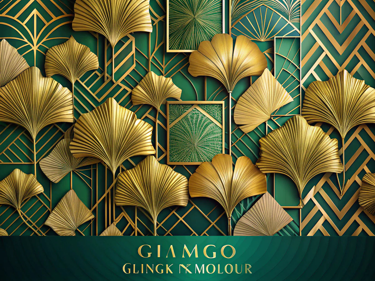 A bold feature image illustrating Ginkgo leaves and geometric patterns in rich gold and green tones, representing the Ginkgo Glamour and Golden Geometric Maze wallpapers.