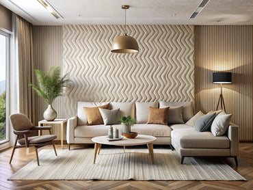 Cozy modern living room with beige textured wallpaper accent wall showing tactile patterns and depth
