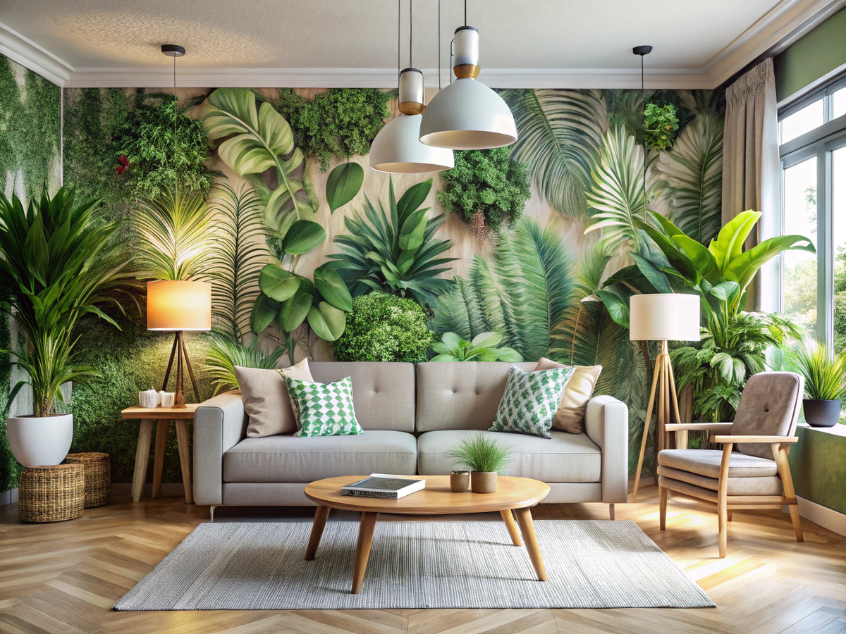 Modern living room with eco-friendly botanical wallpaper accent wall, natural light, and indoor plants