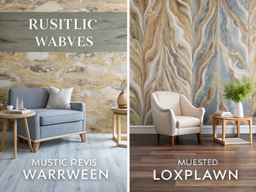 A comparison of luxurious marbled wallpaper and rustic woven wallpaper textures, highlighting elegance and cozy charm in interior design.