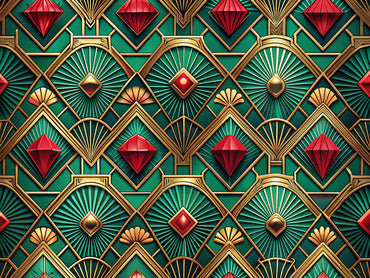 Art Deco wallpaper design featuring geometric patterns in vibrant jewel tones, showcasing luxurious textures and elegant aesthetics.