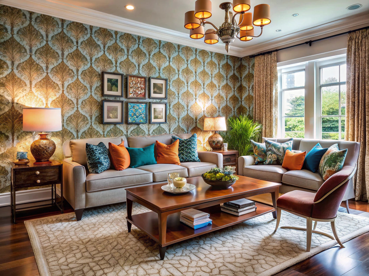 A stylish living room with custom wallpaper showcasing unique patterns, reflecting personal style and creativity in home decor.