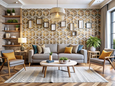 A modern living room showcasing geometric patterns in wallpaper and decor, highlighting the allure of geometric designs in contemporary home decor.
