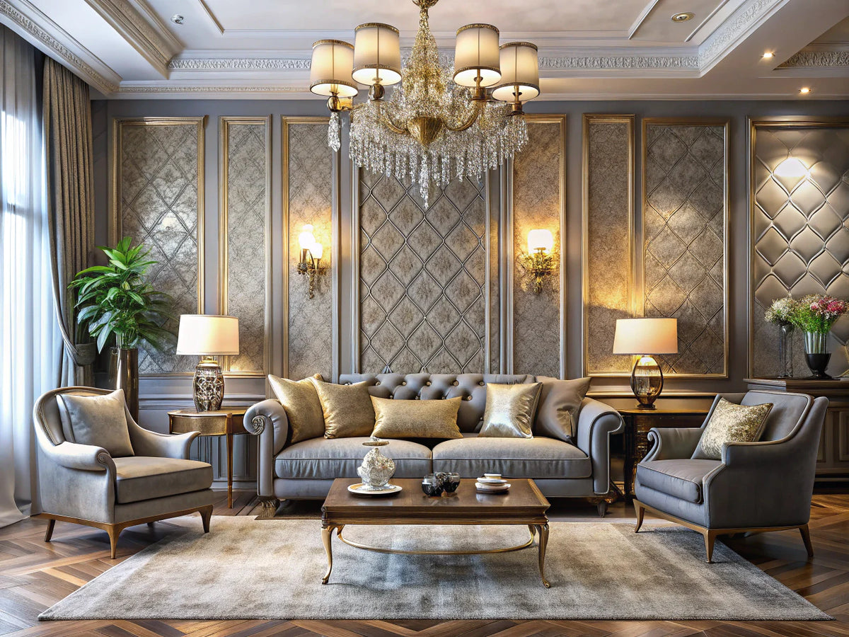 Luxurious interior showcasing textured wall finishes with elegant decor and soft lighting.