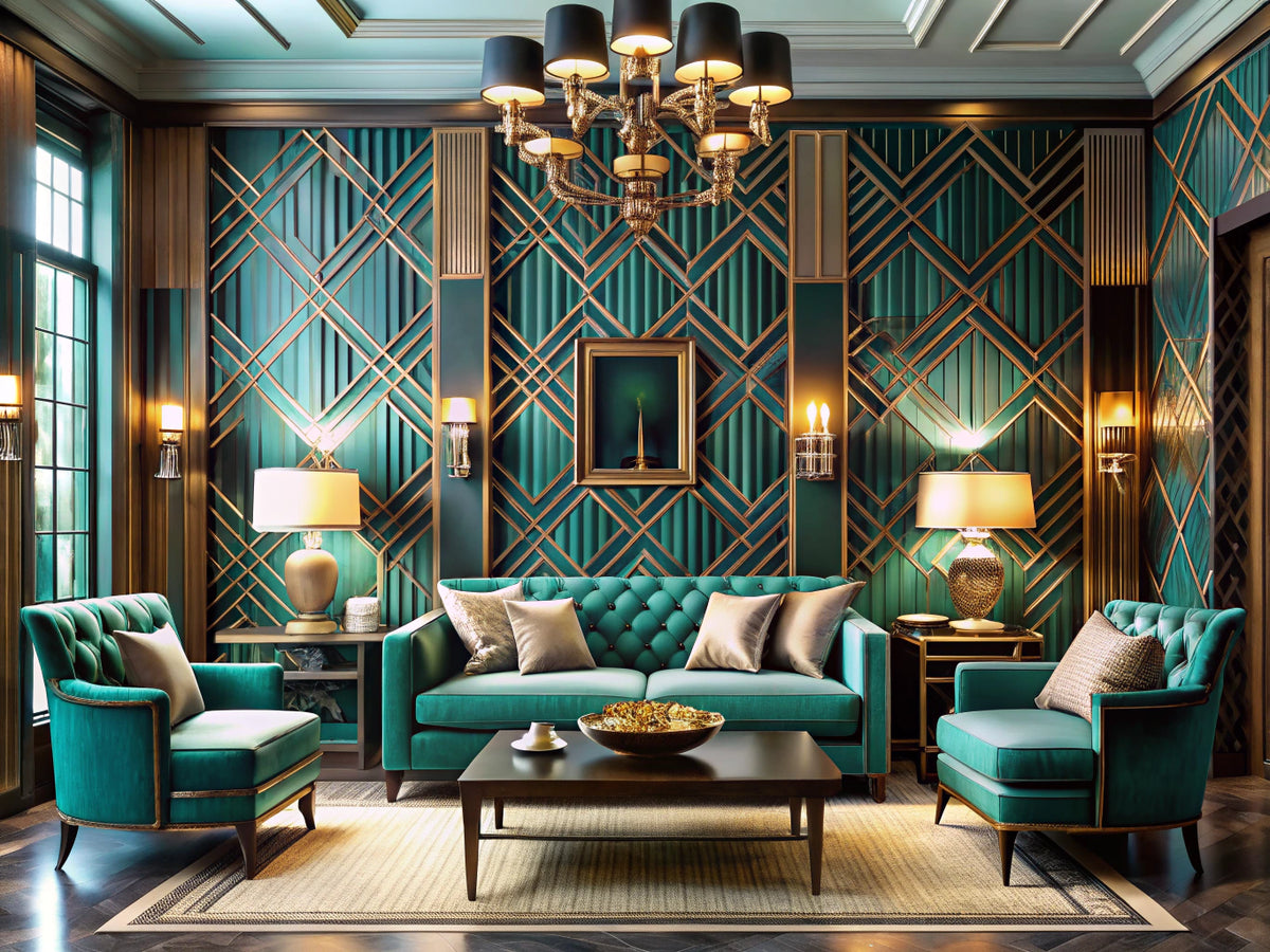 Art Deco luxury living room with teal, black, and gold geometric wallpaper and mirrored accents