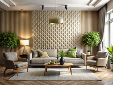 Modern living room with a three-dimensional textured wallpaper feature wall, contemporary furniture, and natural lighting highlighting depth and character.