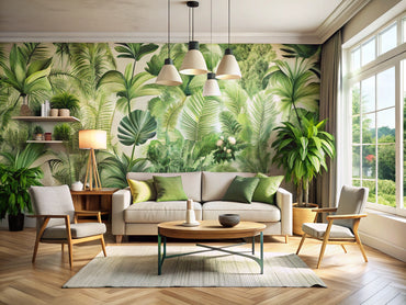 Modern living room with eco-friendly botanical wallpaper and sustainable decor