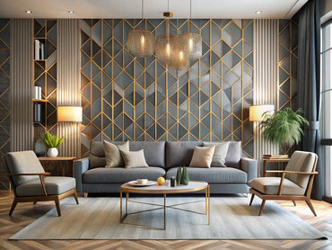 Modern living room with geometric wallpaper patterns showcasing elegance and sophistication, reflecting 2025 interior design trends.