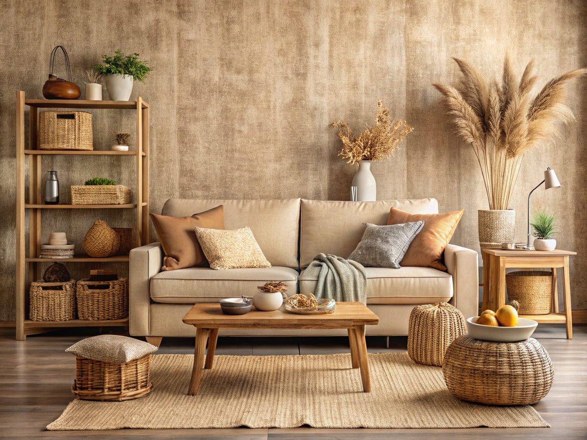 Cozy living room with burlap-inspired wallpaper, natural wood furniture, and rustic decor elements.