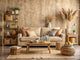 Cozy living room with burlap-inspired wallpaper, natural wood furniture, and rustic decor elements.