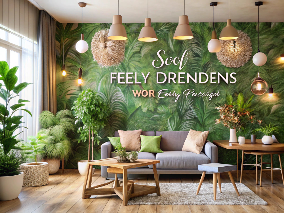 Elegant interior featuring eco-friendly wallpaper designs, showcasing sustainability in home decor with natural materials and plants.