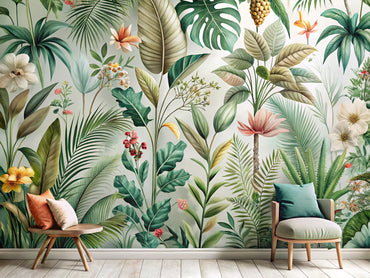 Nature-inspired eco-friendly wallpaper design featuring leaves and flowers, embodying sustainable decor aesthetics.