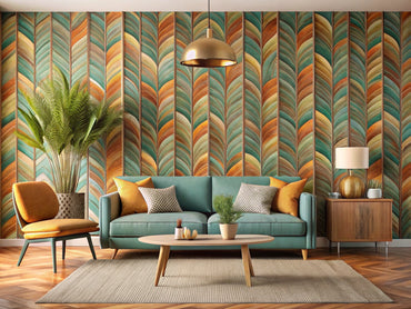 Modern living room with bold retro waves wallpaper and warm autumn vibes wallpaper on adjacent feature walls, complemented by mid-century furniture and green plants.