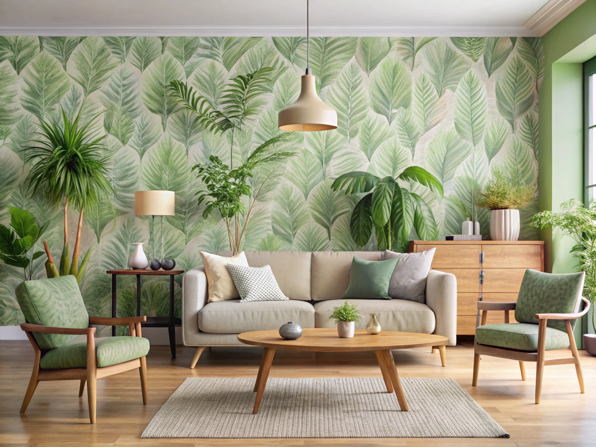 Modern living room with eco-friendly green leaf-pattern wallpaper, natural wood furniture, and indoor plants bathed in sunlight.