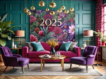 A vibrant interior showcasing bold accent designs with floral and geometric patterns, rich colors, and textured surfaces, reflecting the 2025 home decor trends.