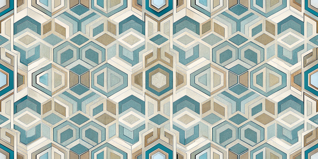 Geometric Azure Harmony wallpaper featuring a captivating 3D cube pattern in soothing shades of teal, beige, and cream, perfect for modern interior design.