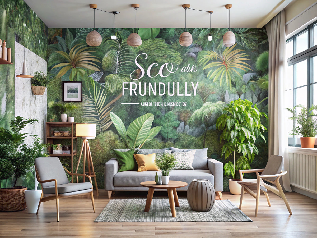 A cozy room adorned with eco-friendly wallpaper, featuring nature-inspired designs and sustainable decor elements, highlighting the theme of eco-conscious living.