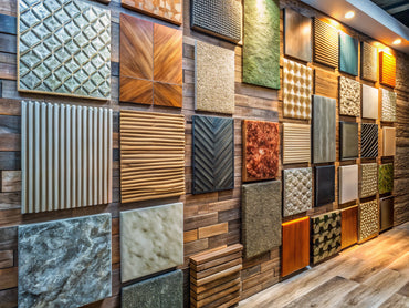 A collection of textured and faux finishes showcasing various wall designs and colors in interior decor.