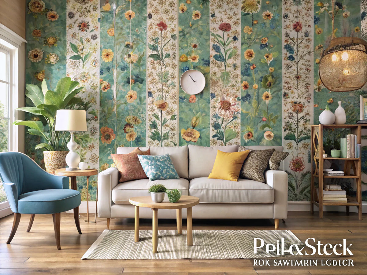 A cozy living space showcasing vibrant peel-and-stick wallpaper, emphasizing convenience and creativity in home makeovers.