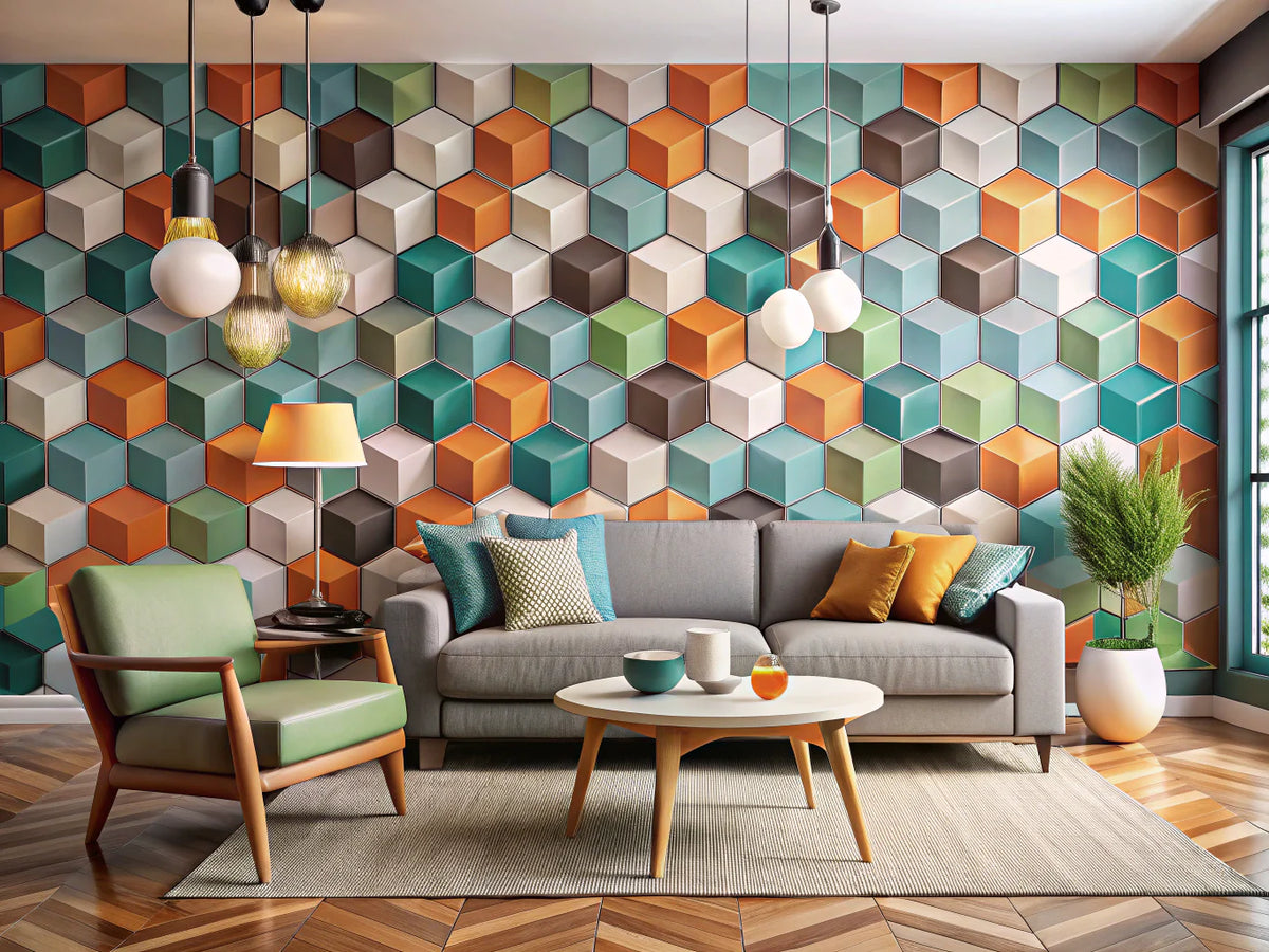 Modern living room with bold geometric wallpaper patterns