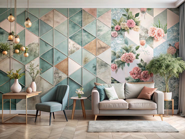 split wall interior showcasing pastel geometric wallpaper on one side and elegant floral wallpaper on the other reflecting current design trends