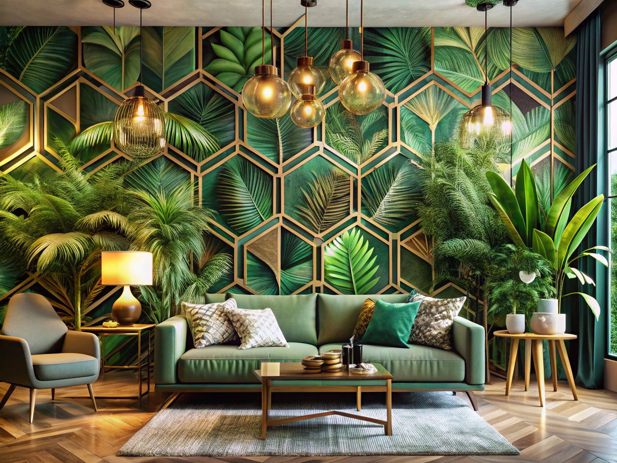 Modern living room showcasing 2025 wallpaper trends with biophilic leaf motifs, maximalist patterns, and metallic gold accents.
