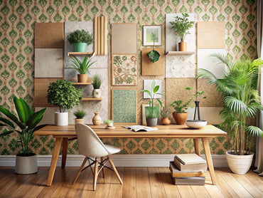 Eco-friendly wallpaper patterns display in a bright interior with floral, geometric, and textured designs alongside natural materials and color swatches.