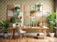 Eco-friendly wallpaper patterns display in a bright interior with floral, geometric, and textured designs alongside natural materials and color swatches.