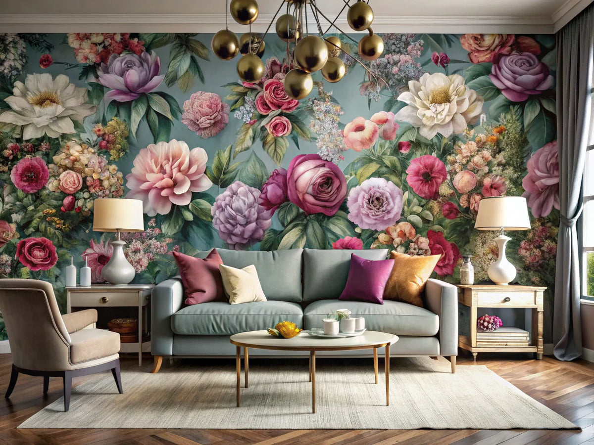 A modern living room showcasing elegant floral wallpaper, blending contemporary furniture with vibrant floral patterns, highlighting the beauty of floral designs in modern home decor.