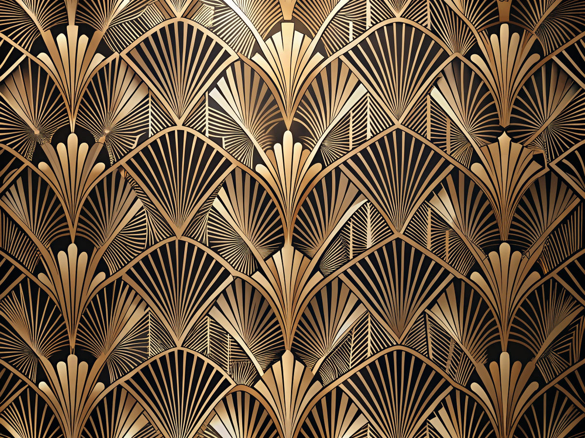Elegant Art Deco wallpaper featuring geometric patterns and metallic accents, reflecting the sophistication of the Roaring Twenties.