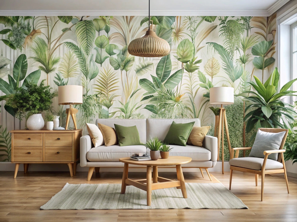 Modern living room with eco-friendly sustainable wallpaper in a botanical pattern and natural wood furniture